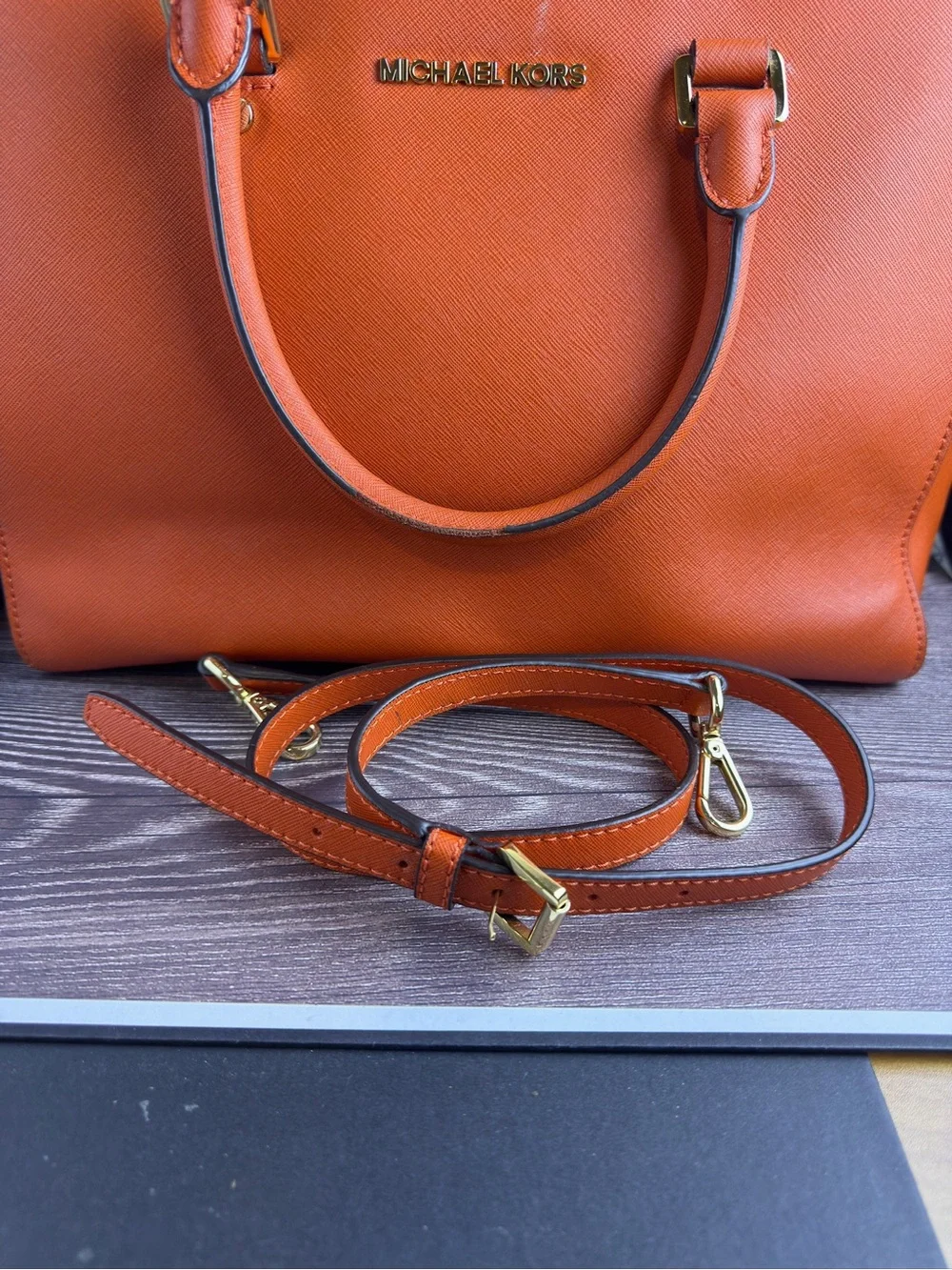Michael Kors Jet Set Orange Saffiano Tote Purse Wallet Dust Bag Crossbody Set